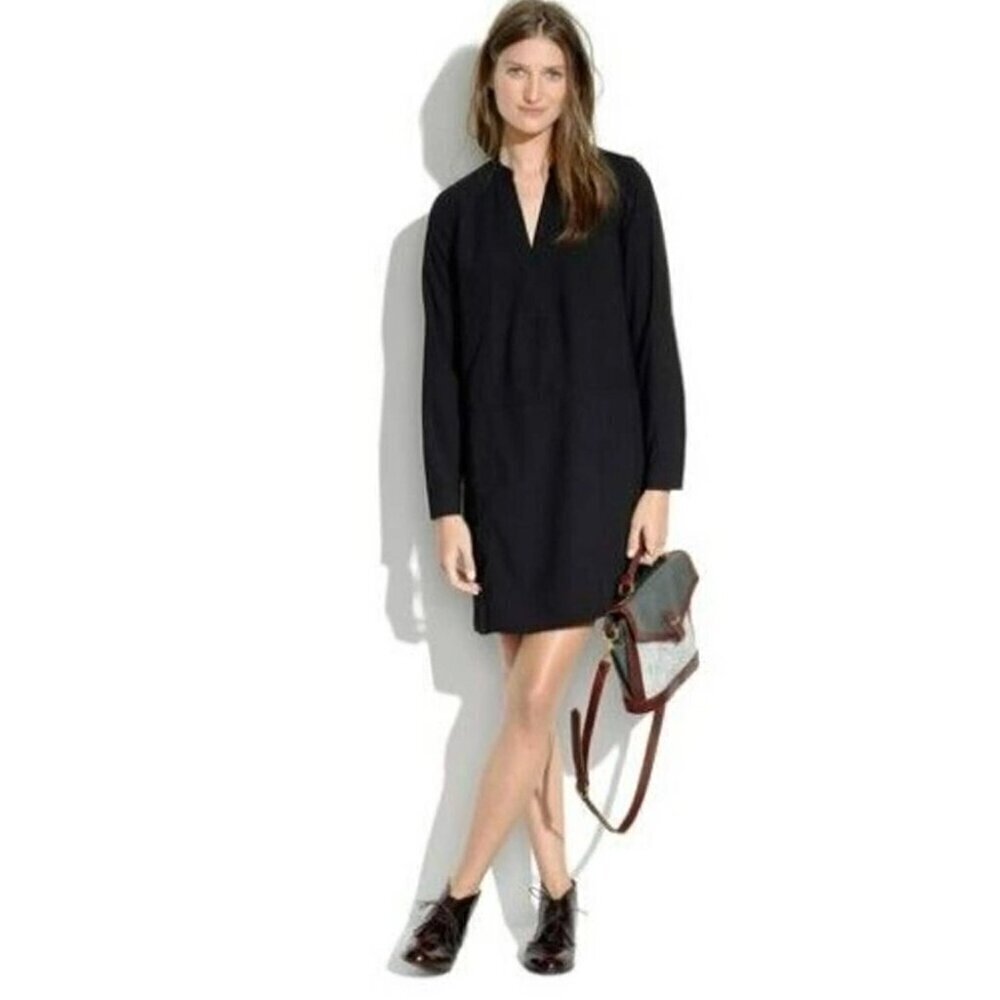 ** Madewell Black Notch V Neck Long Sleeve Shirt Dress Size XS